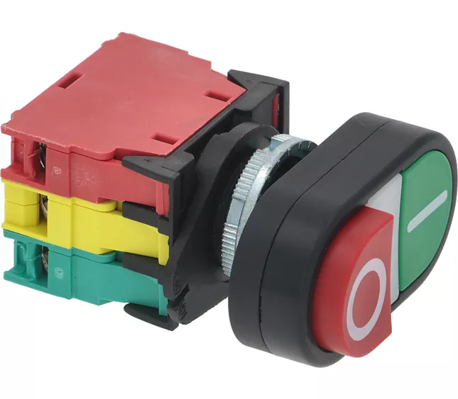 Pulsador ON/OFF 230V con montaje Ø22 mm y conexión por bornes para cortadoras profesionales compatible con Braher, Sirman, RGV y otras marcas.